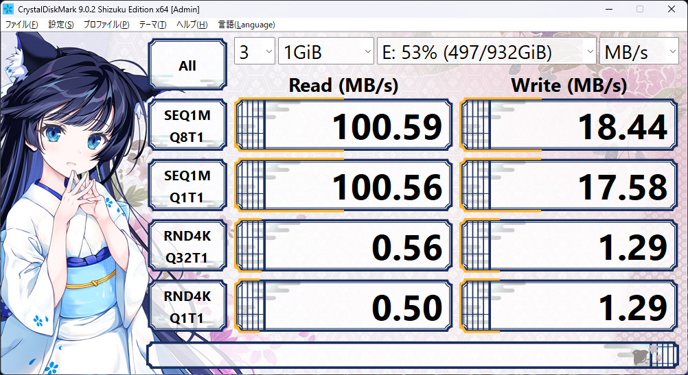 PW11-8PH経由のCrystalDiskMarkの計測結果